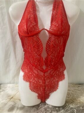 La Senza Red Lace Halter Teddy Bodysuit Plunge Open Front L/G